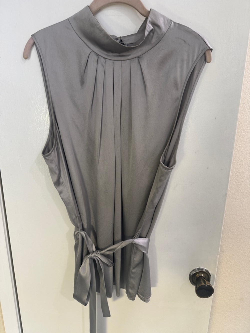 Lafayette 148 New York Sleeveless Satin Tie-Waist Blouse in Steel Gray